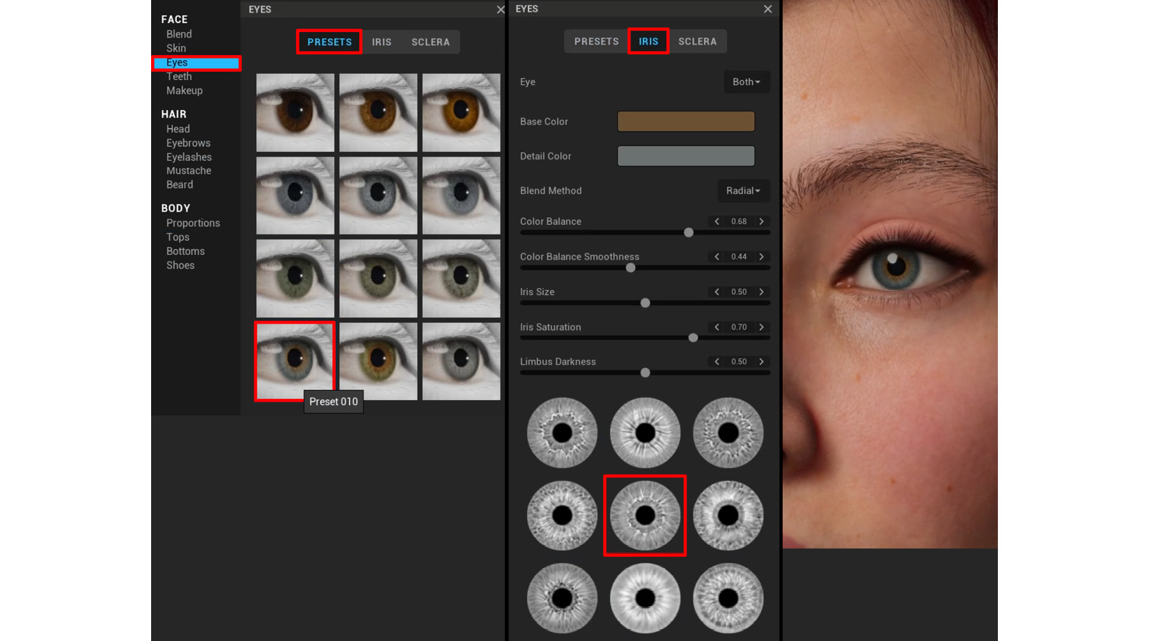 Figure 8.6 – Customizing your MetaHuman's eyes
