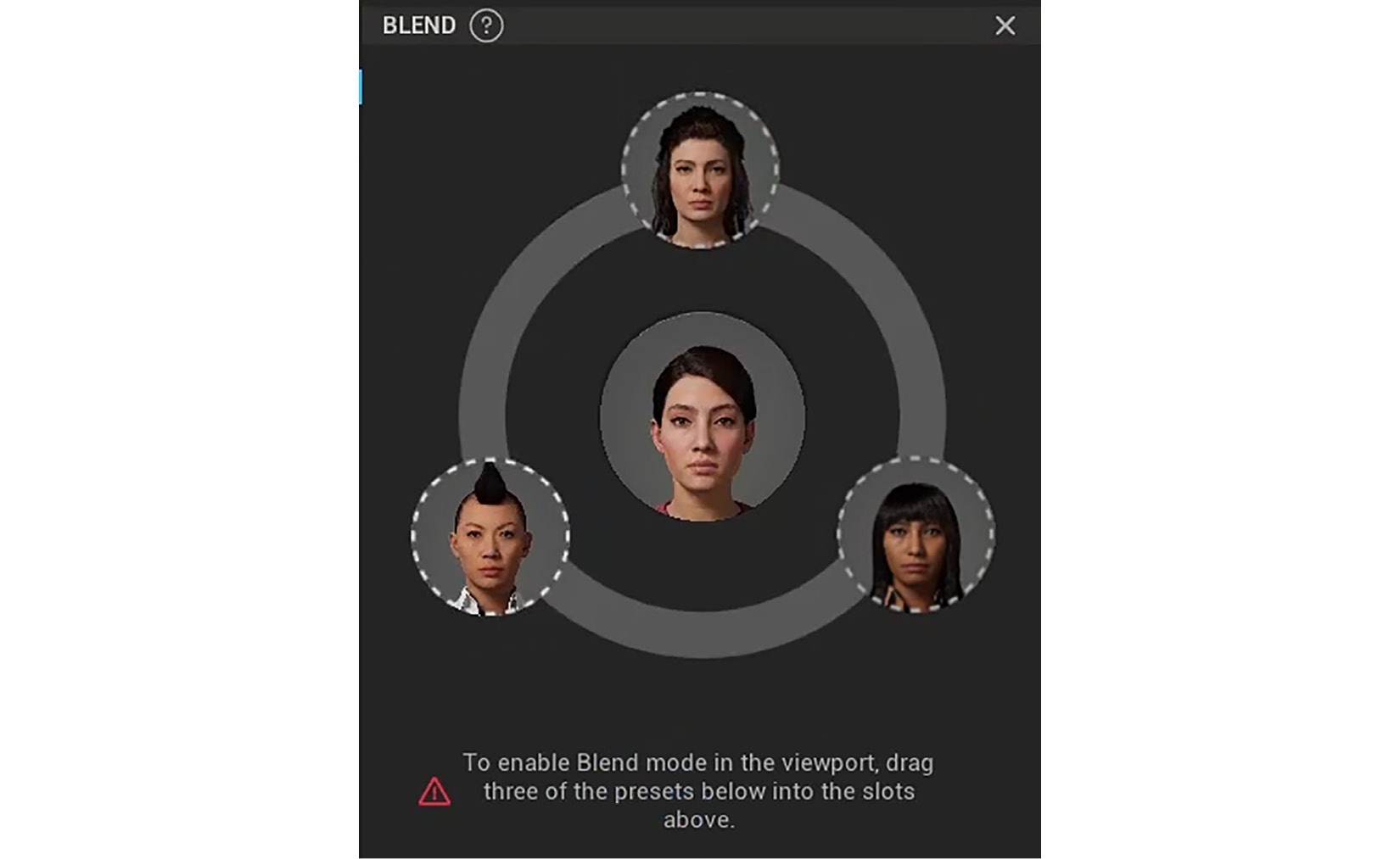 Figure 8.9 – All three preset characters are now in the slots on the Blend Circle. Now, we can start blending their features with the Blend tool
