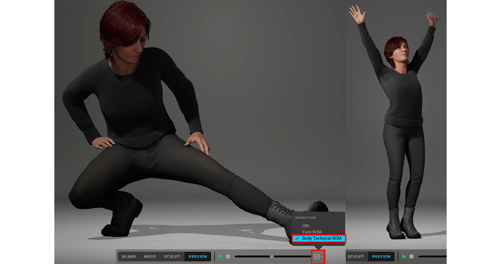 Figure 8.19 – Previewing the character with a range of body motions
