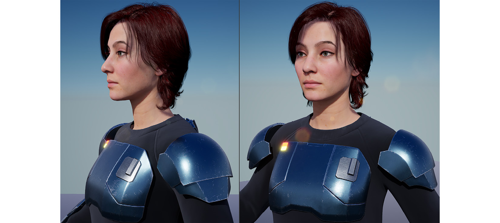 Figure 8.24 – Closeup of the sci-fi character with her sci-fi armor
