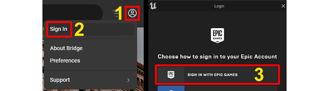 Figure 9.8 – (1) Clicking on the portrait icon; (2) Selecting Sign In; (3) Signing in with your Epic 
Games account
