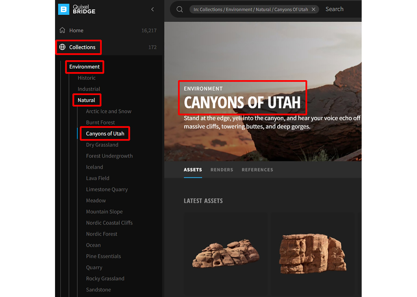 Figure 9.9 – Browsing the "Canyons of Utah" asset gallery in the Quixel Bridge app
