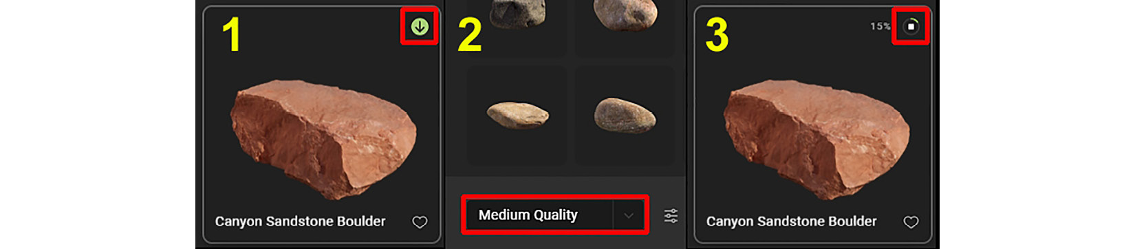 Figure 9.10 – (1) Select an asset; (2) In the panel that opens on the right-hand side, select Medium Quality; (3) Click on the downward pointing arrow to download it
