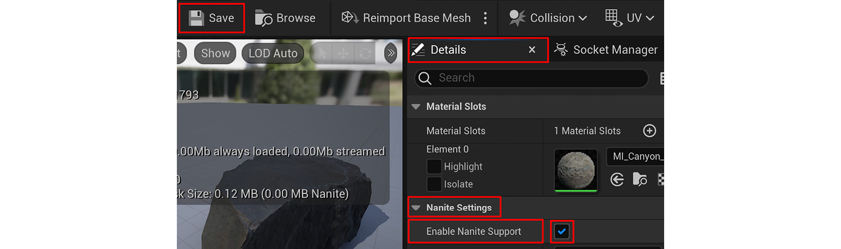 Figure 9.20 – Enabling Nanite for each rock asset in the Static Mesh Editor
