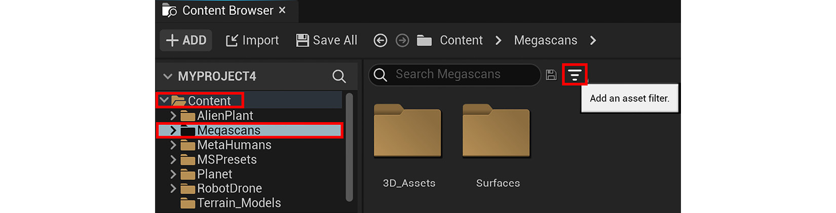 Figure 9.21 – Adding an asset filter to the asset view area of the Content Browser window
