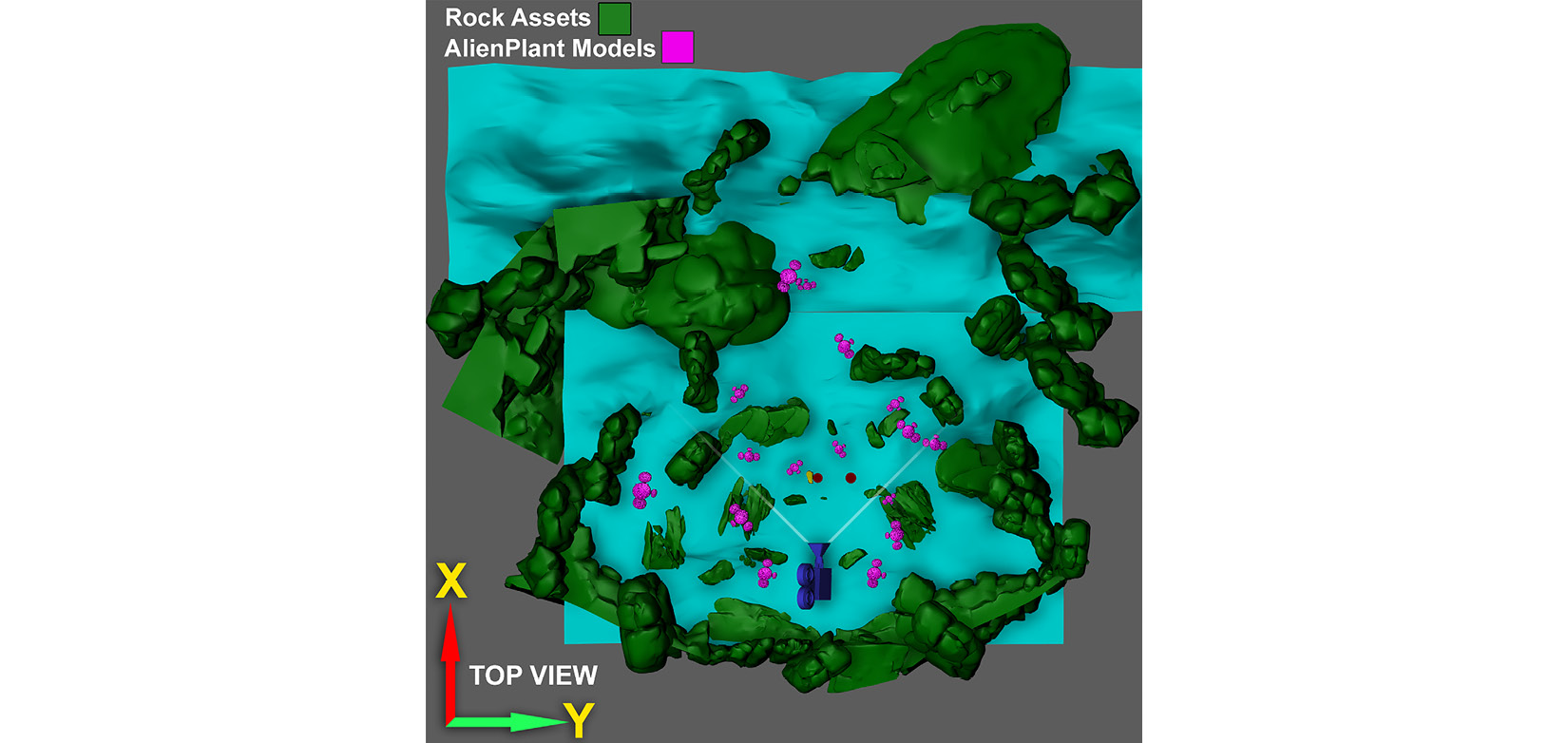 Figure 9.26 – My completed 3D movie set with the Rock assets and Alien Plant models added (the map has been rotated to match the camera angle)
