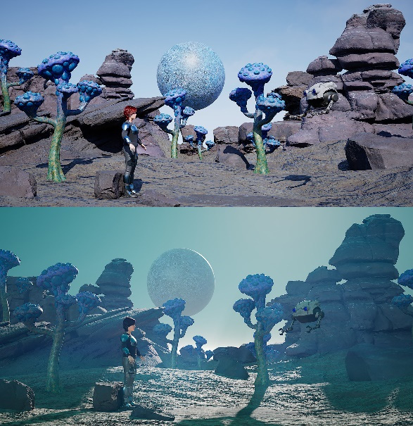 Figure 10.1 – (Top) The scene with the default lighting and no effects; (Bottom) The scene with custom lighting and atmospheric visual effects added
