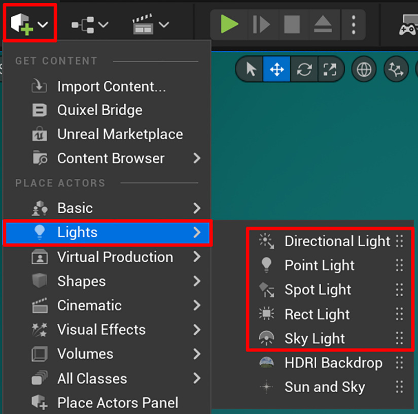 Figure 10.5 – The light types that are available in the Lights menu highlighted on the right-hand side
