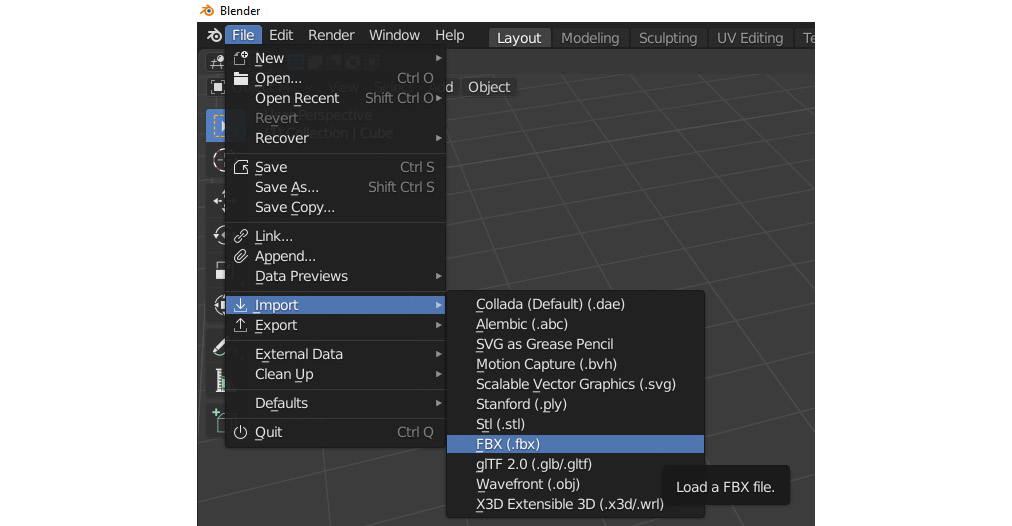 Figure 11.1 – Importing an FBX file into Blender
