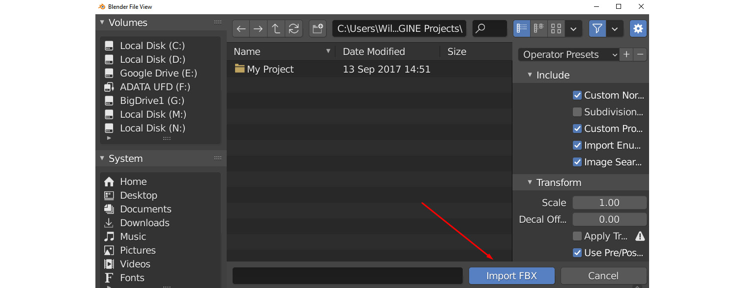 Figure 11.2 – Importing an FBX file into Blender file navigation
