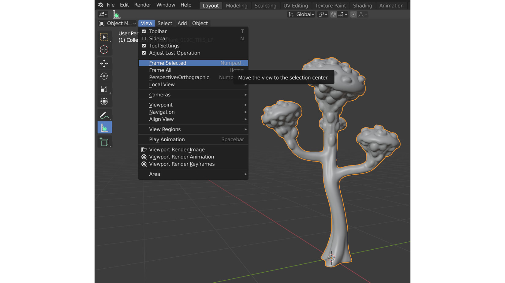 Figure 11.7 – Framing the selected Alien Plant in the Blender viewport
