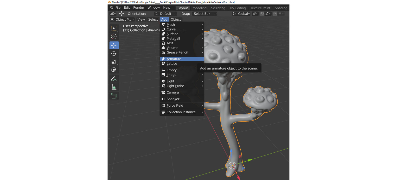 Figure 11.11 – Adding an armature in Blender
