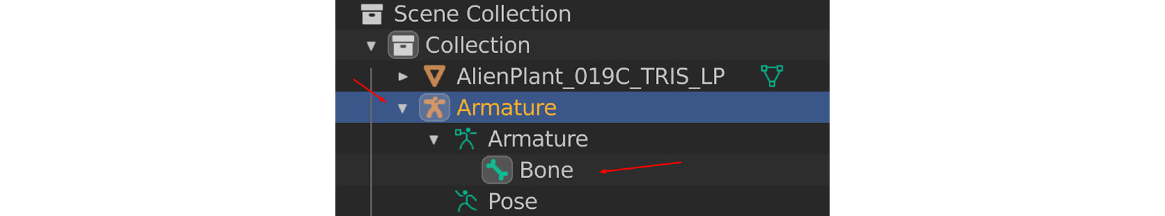 Figure 11.15 – Bone hierarchy display in Blender Scene Collection
