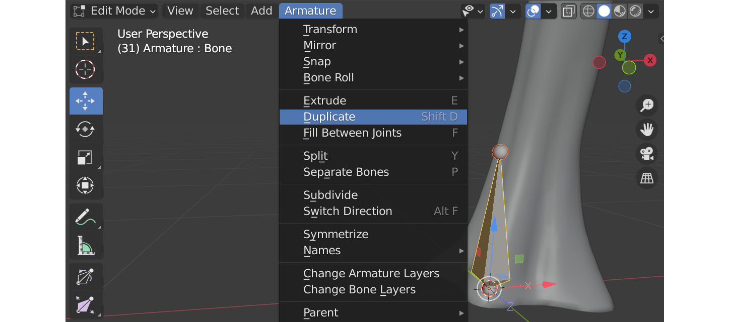 Figure 11.18 – Duplicating and editing bones in Blender
