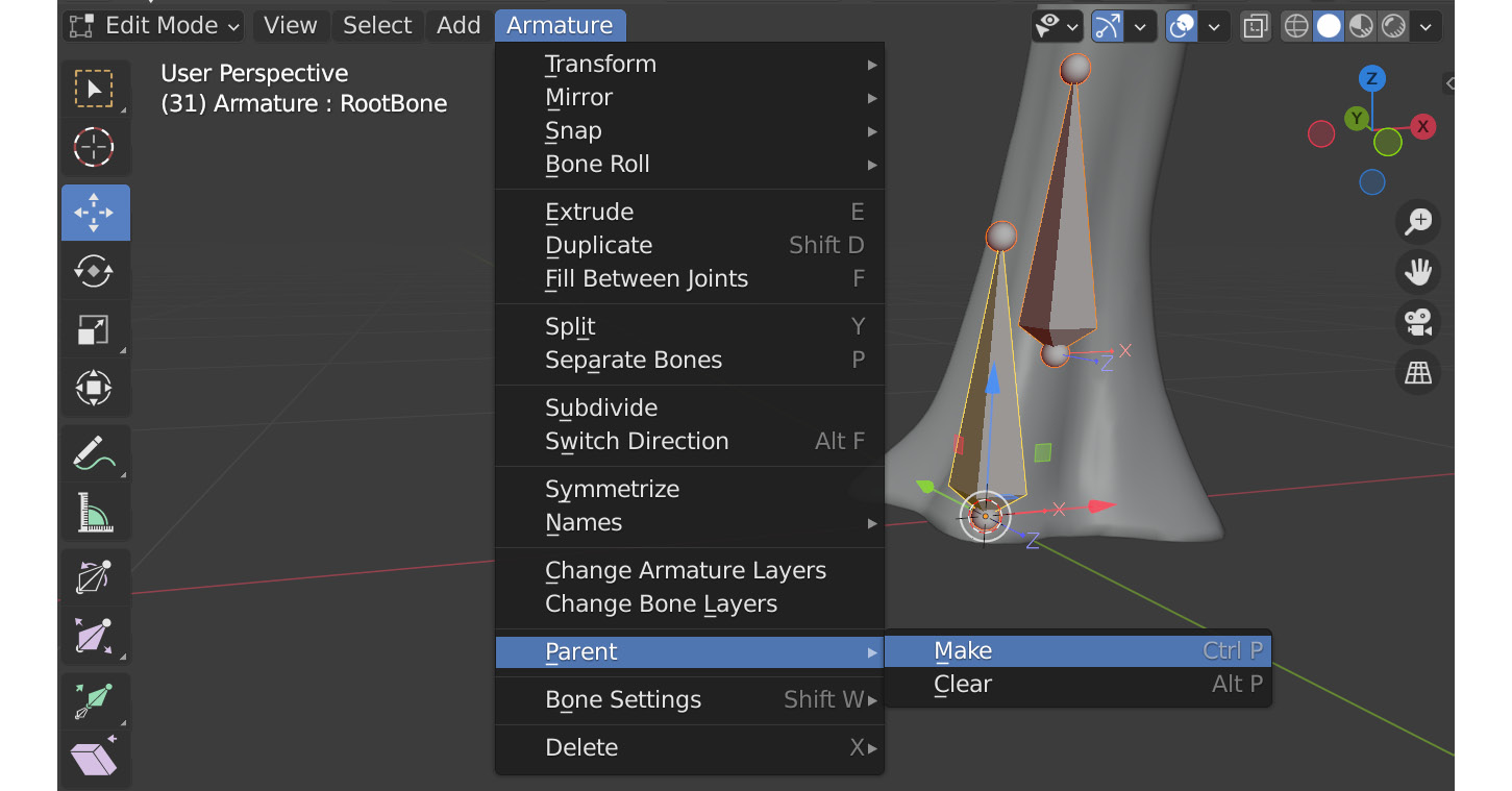 Figure 11.21 – Editing the bones parenting in Blender
