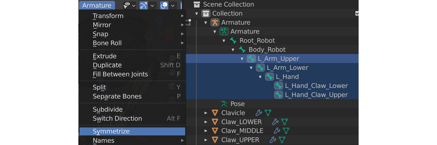 Figure 13.22 – Using the Symmetrize tool to create the right arm
