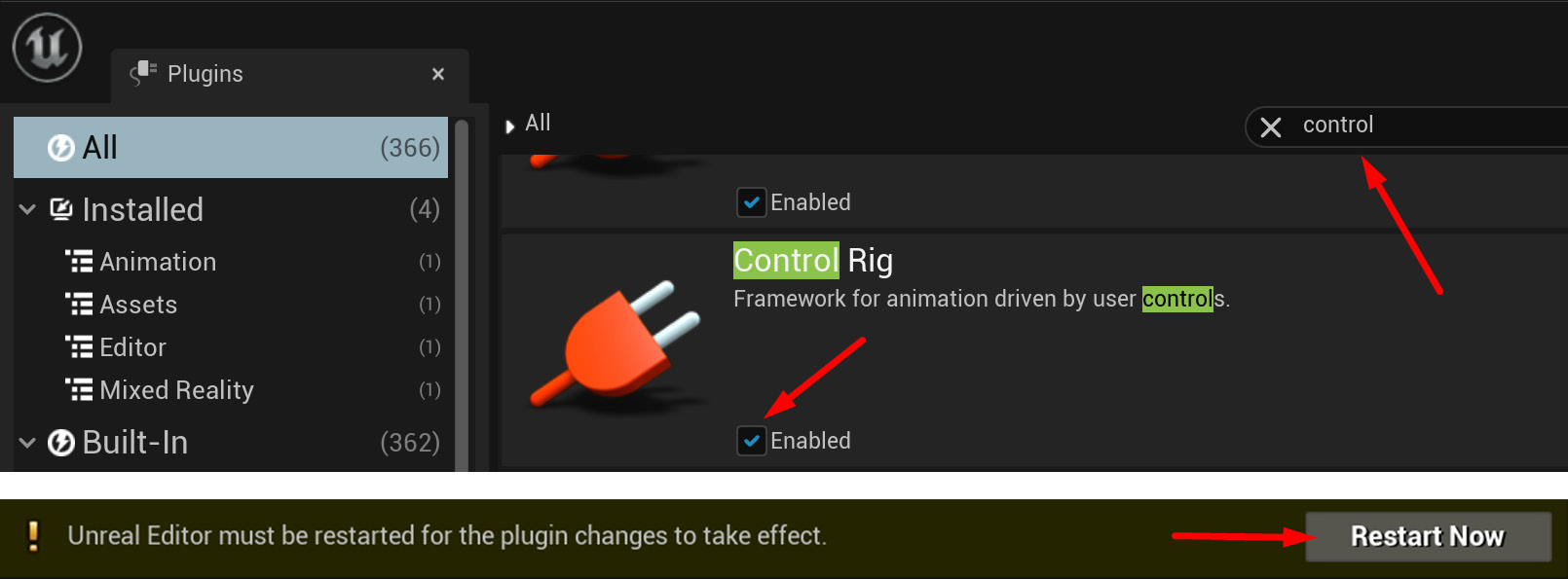 Figure 14.3 – Enabling the Control Rig plugin and restarting UE
