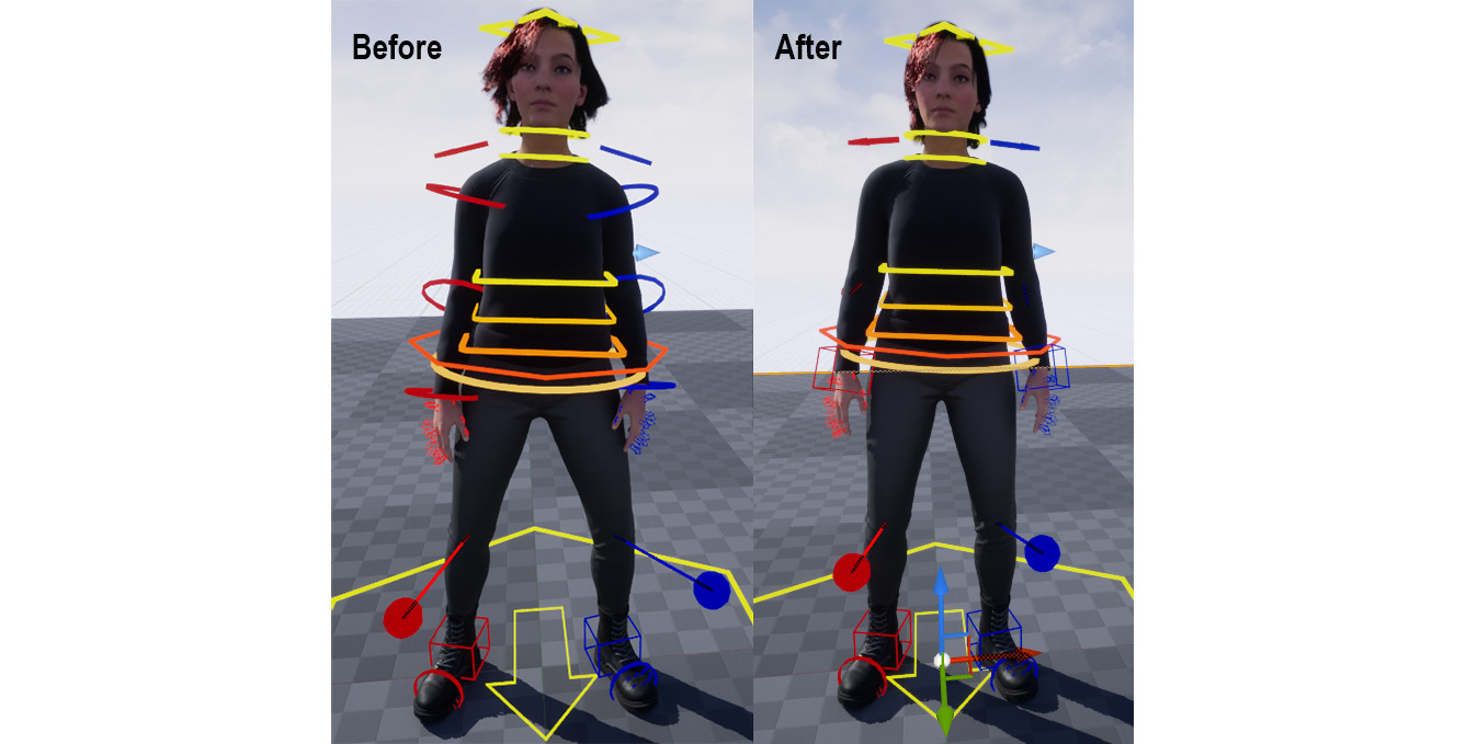 Figure 19.23 – Standing Additive pose at frame 44 – before and after
