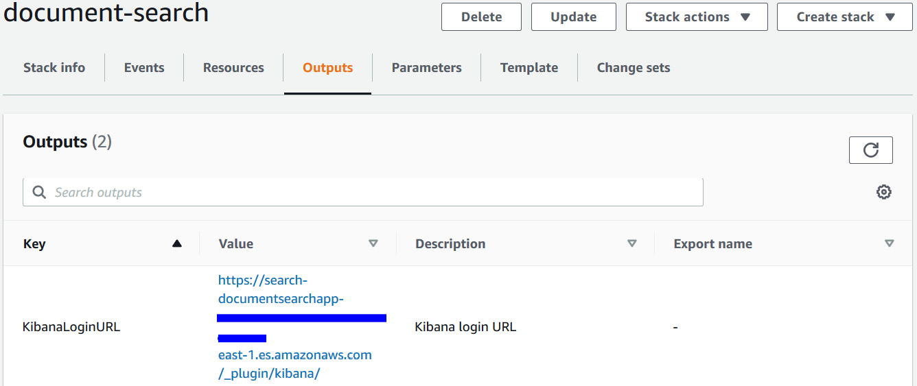 Figure 5.11 – CloudFormation output – Kibana URL
