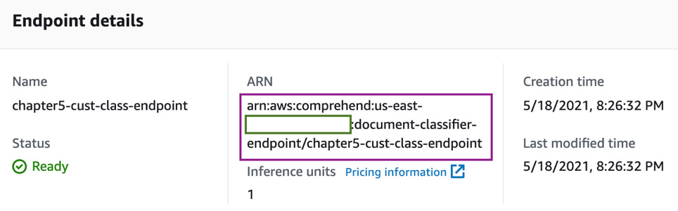 Figure 6.16 – Comprehend endpoint ARN