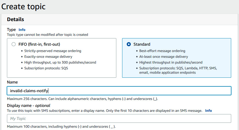 Figure 12.10 – Creating a topic in the SNS AWS console
