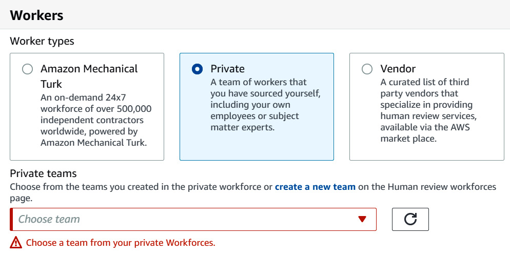 Figure 13.8 – Choosing your private team in the human review workflow setup
