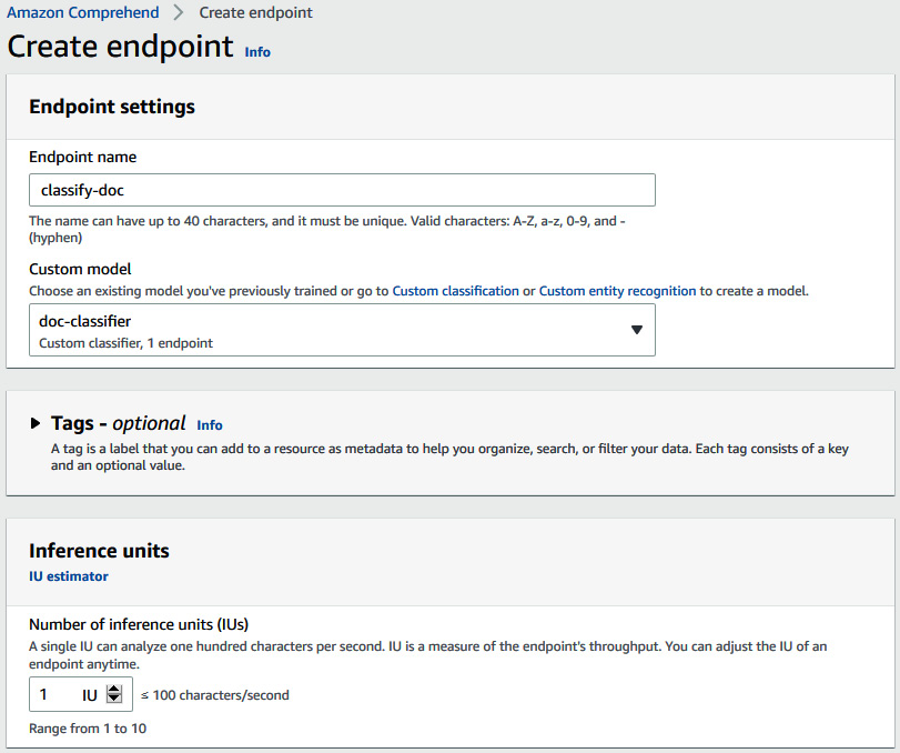 Figure 15.7 – Amazon Comprehend Create real-time endpoint UI
