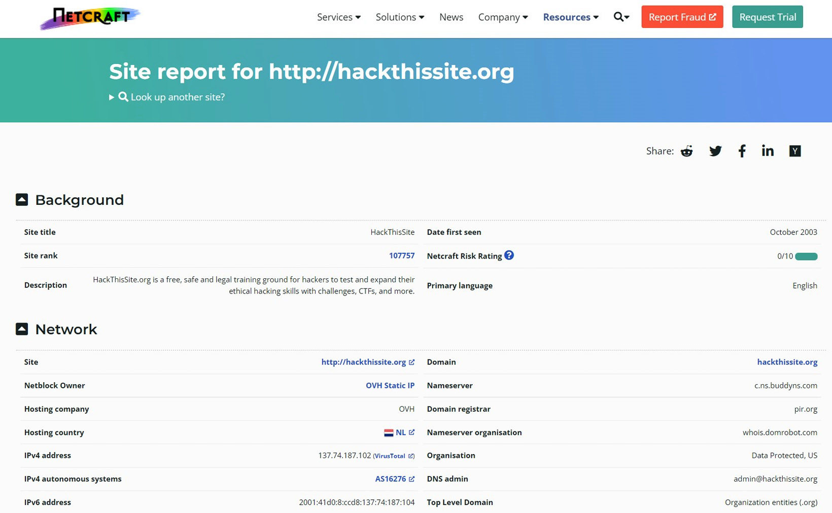 Figure 3.14 – Trying Netcraft on HackThisSite.org
