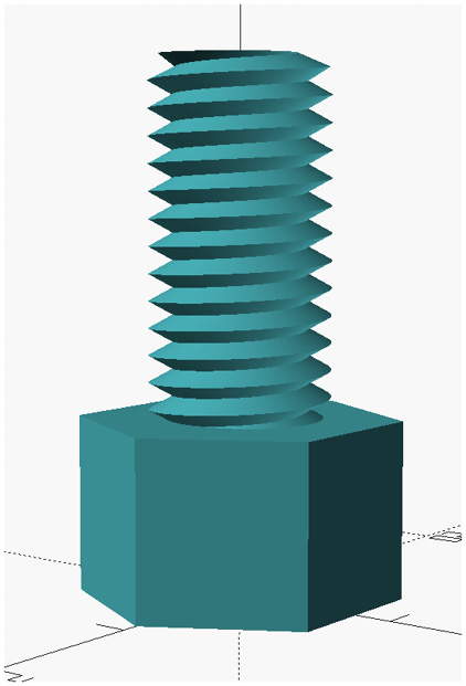 Figure 6.19 – An M10 25 mm bolt generated from the OpenSCAD threads.scad library
