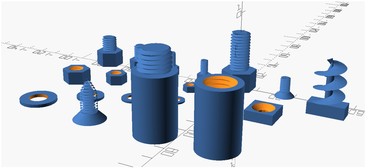 Figure 6.20 – A generated demo of parts from the OpenSCAD thread.scad library
