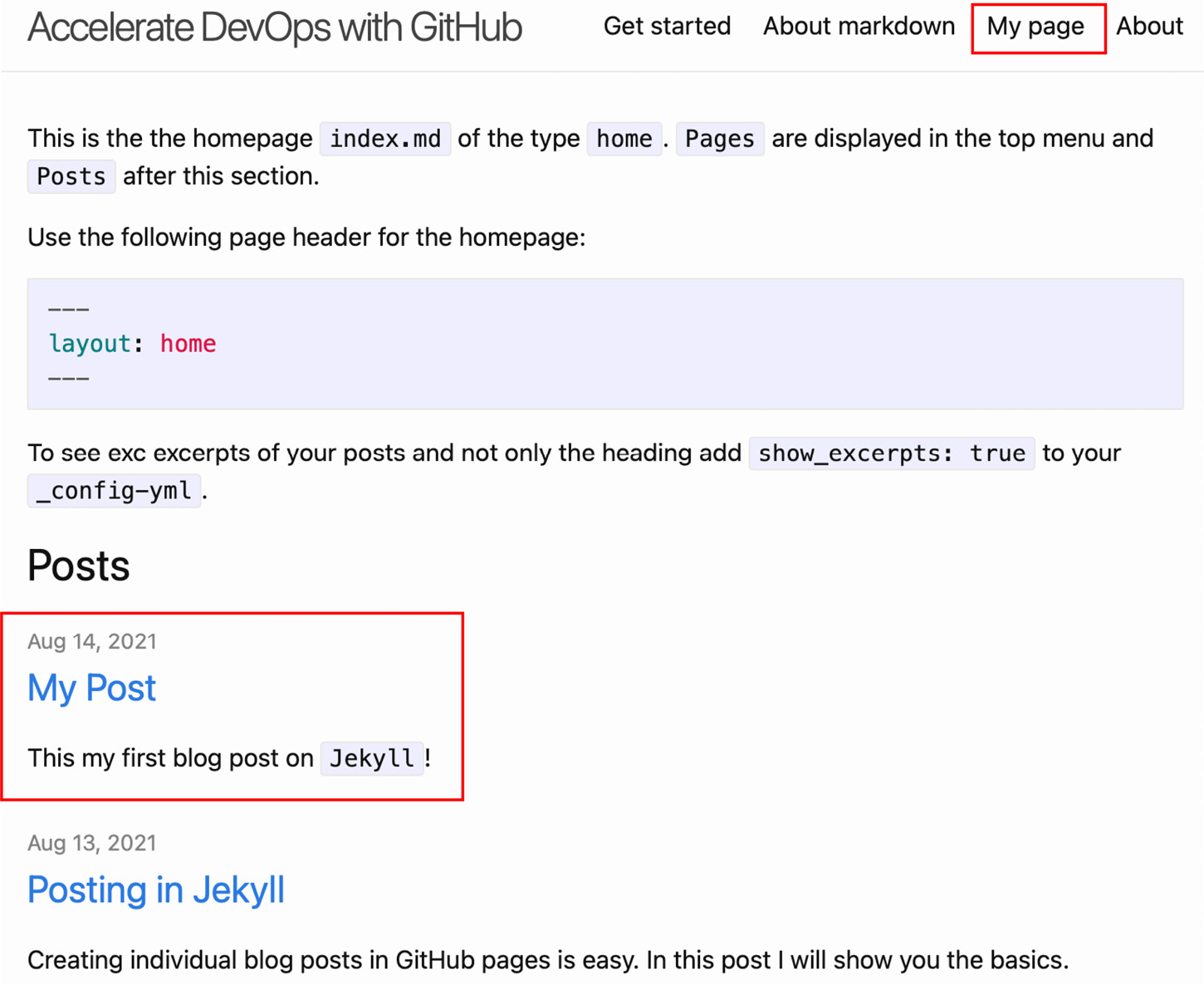 Figure 4.13 – Examining the new page and post in Jekyll
