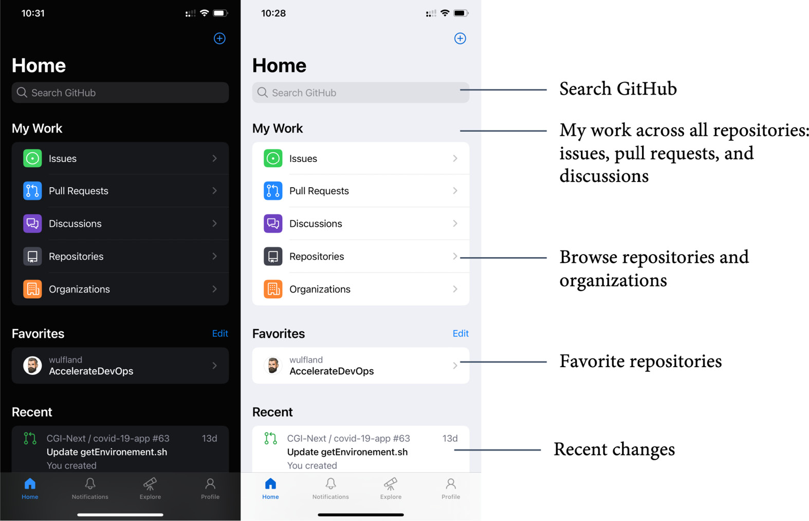 Figure 4.16 – GitHub Mobile home page in dark and light mode
