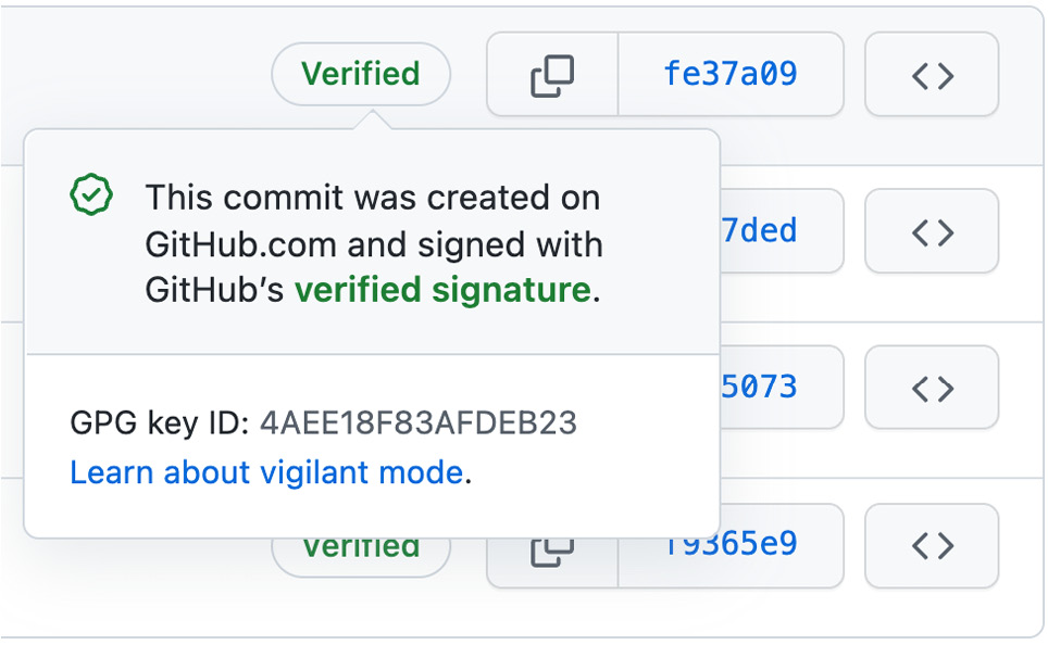 Figure 15.4 – Signed commits have a verified badge on GitHub
