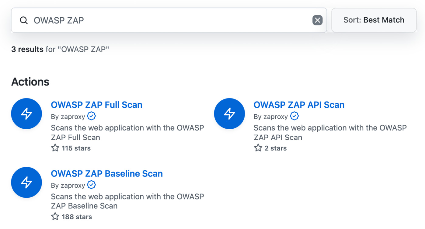 Figure 15.9 – Available OWASP ZAP Actions in the GitHub marketplace
