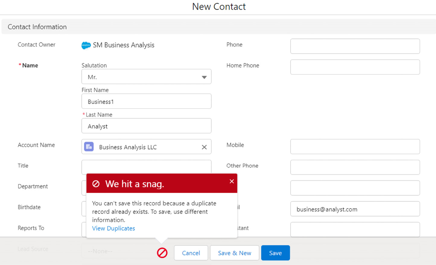 Figure 1.2 – Salesforce system preventing users from creating a duplicate contact
