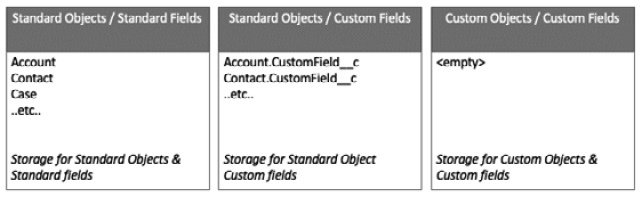 Figure 2.3 – Representation of the Salesforce database (object data only) with a custom field added to the Account and Contact standard objects