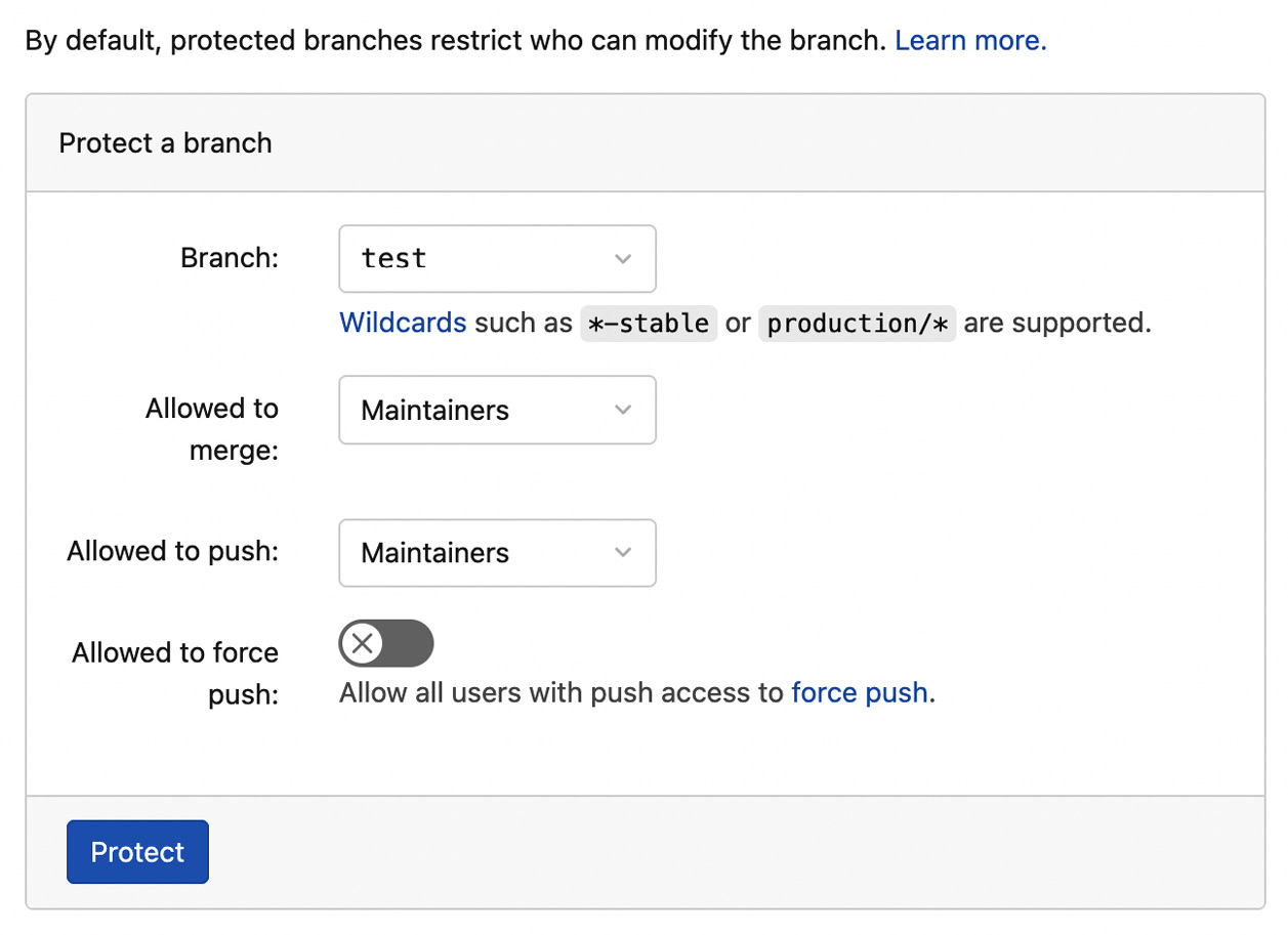 Figure 7.15 – How to protect a branch in GitLab
