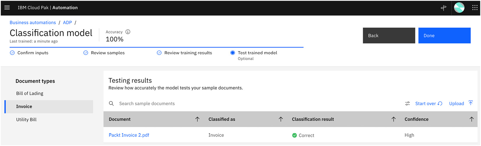 Figure 10.14 – Testing the newly trained classification model with a new sample document
