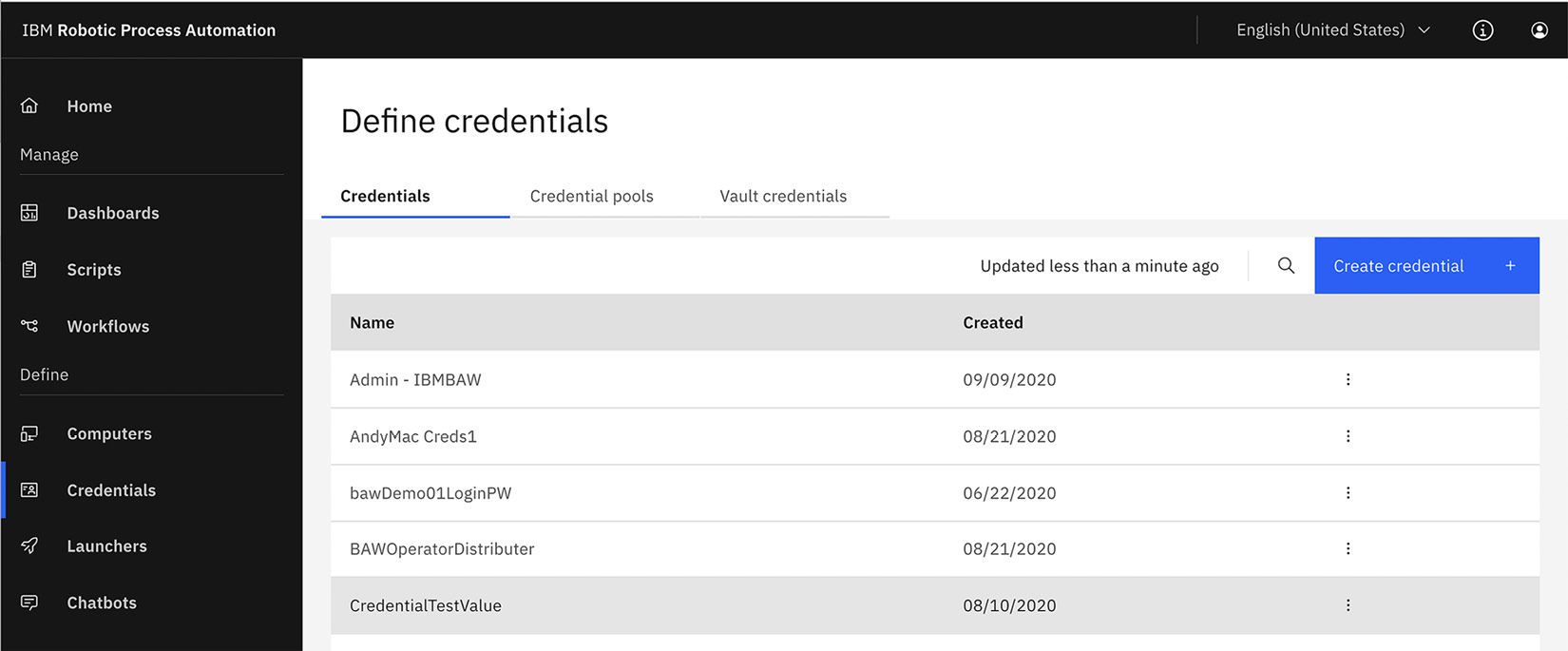 Figure 5.17 – IBM RPA Control Center – Define credentials
