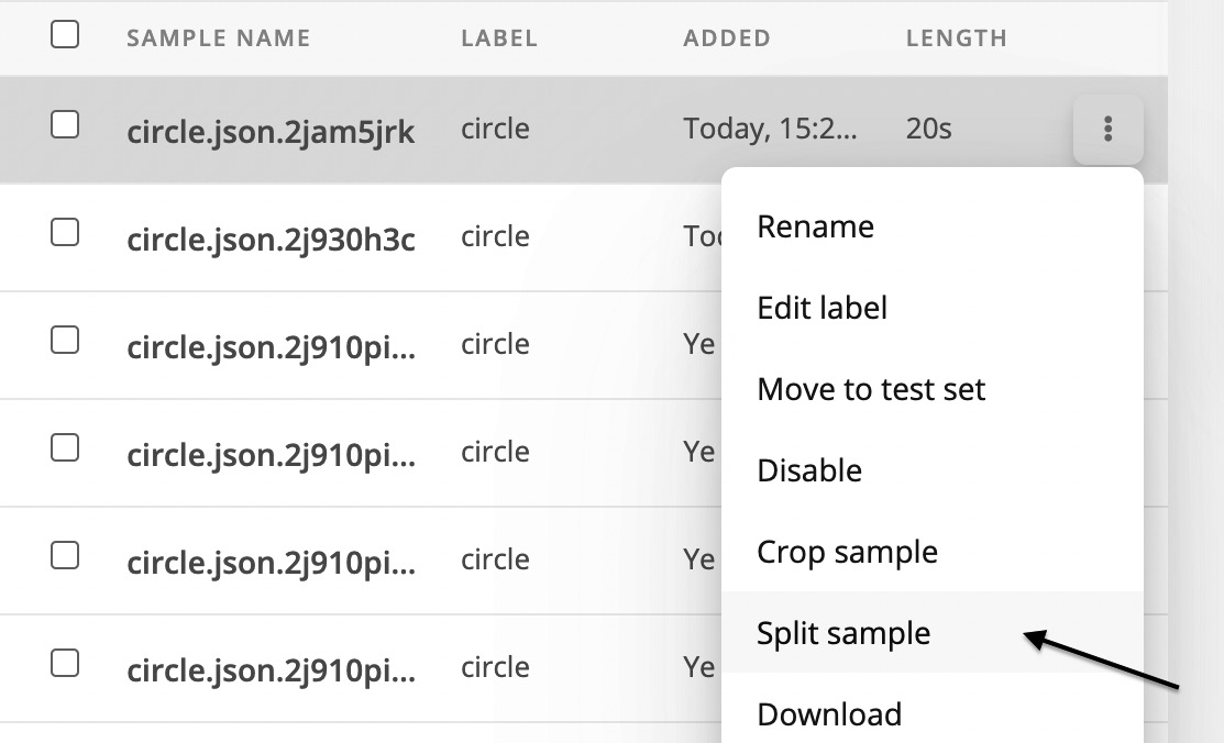 Figure 6.15 – The Split sample option in Edge Impulse
