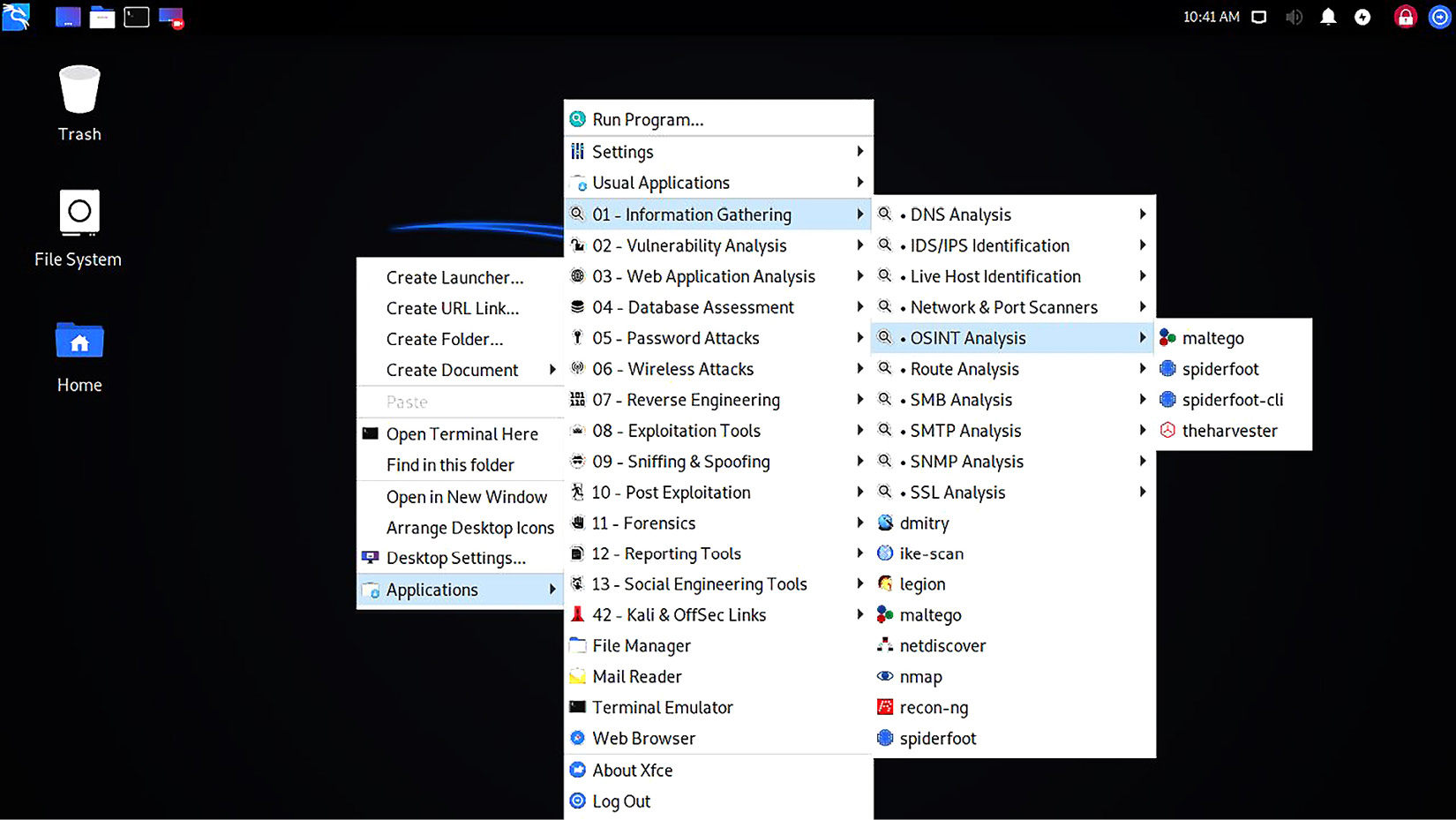 Figure 1.14 – Right-clicking the menu on Kali’s desktop
