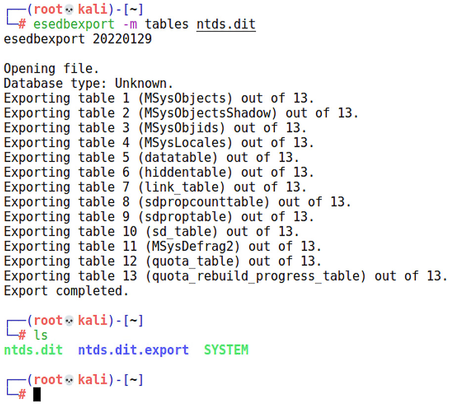Figure 16.21 – Exporting the tables from our captured NTDS.dit file
