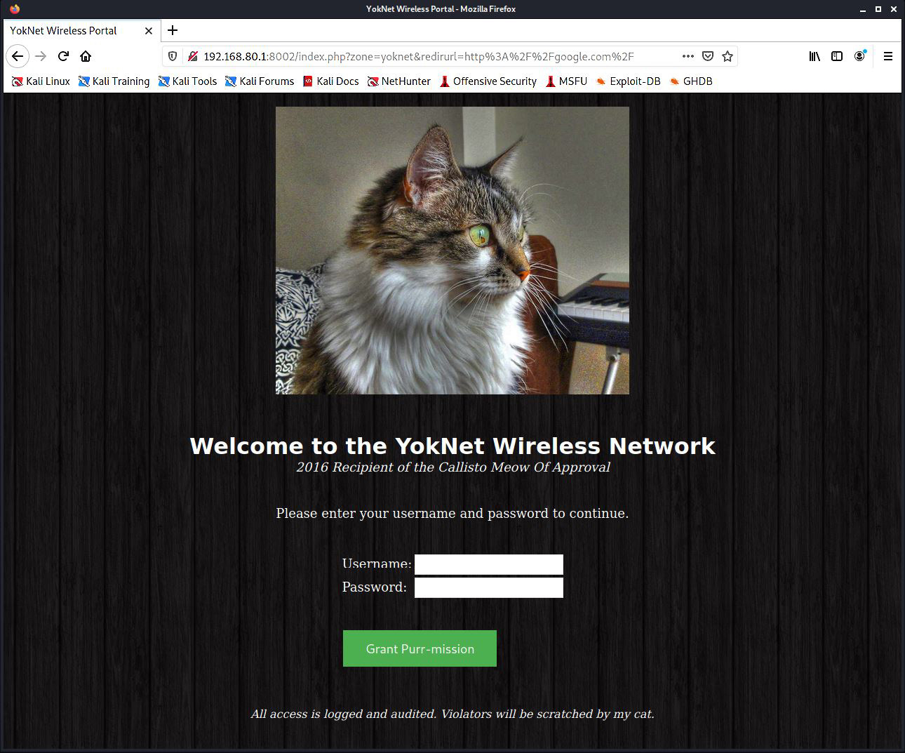 Figure 2.5 – A pfSense-powered captive portal, guarded by my cat
