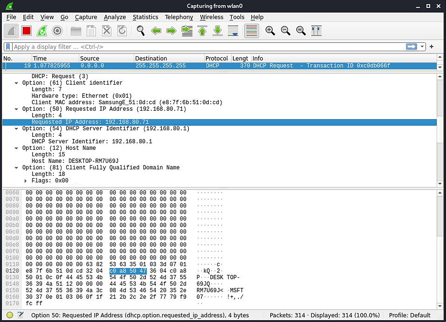 Figure 2.7 – Examining a DHCP packet with Wireshark
