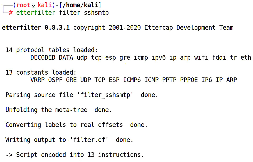 Figure 3.13 – Compiling our filter with etterfilter
