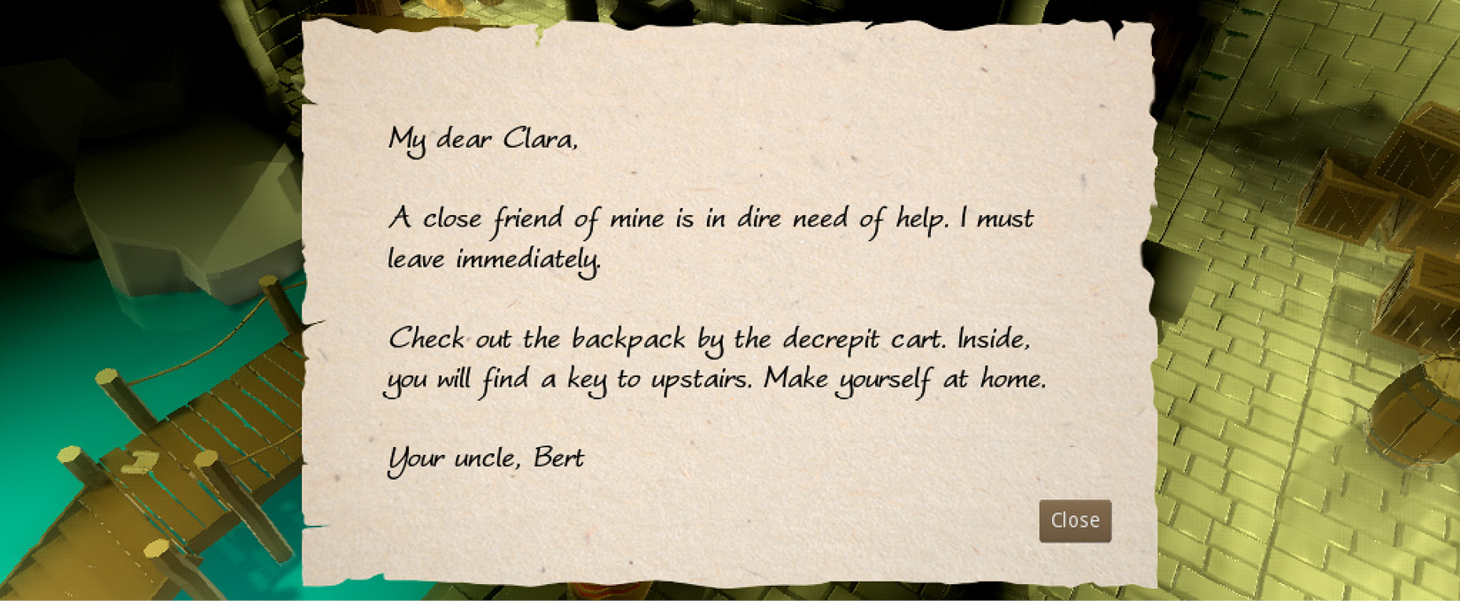 Figure 12.7 – Bert’s note to Clara was opened when the player clicked the parchment
