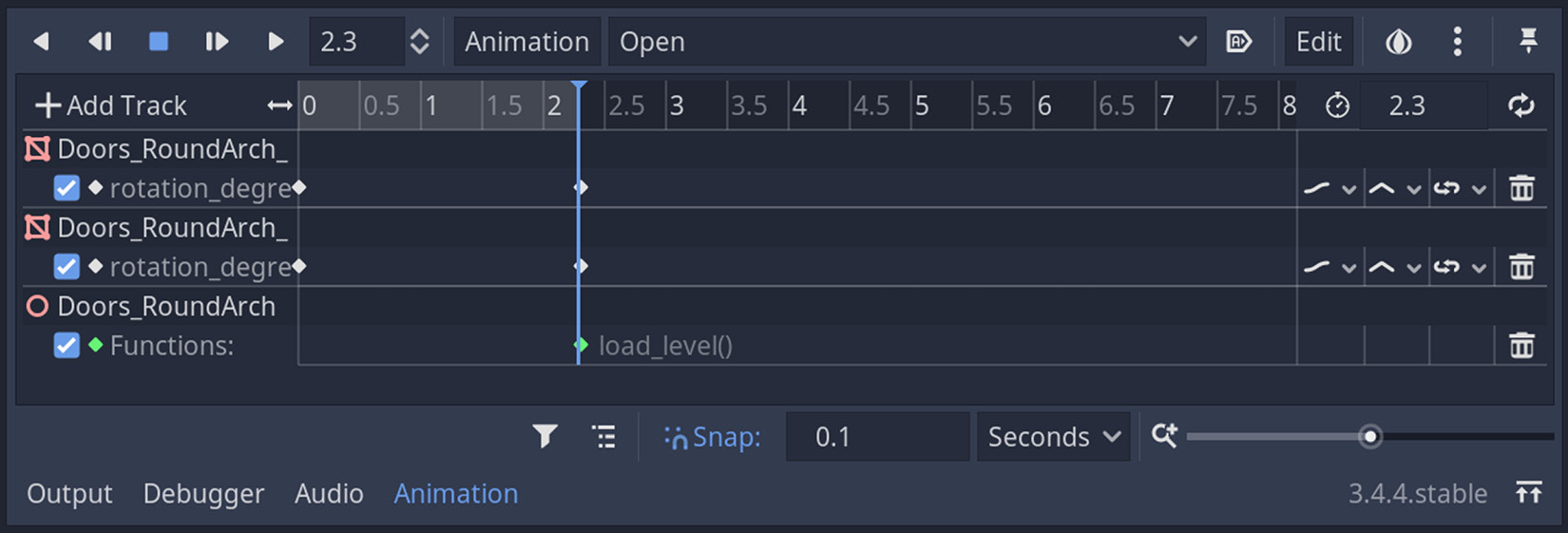 Figure 13.12 – The load_level function will be triggered when the timeline arrives at the keyframe we set
