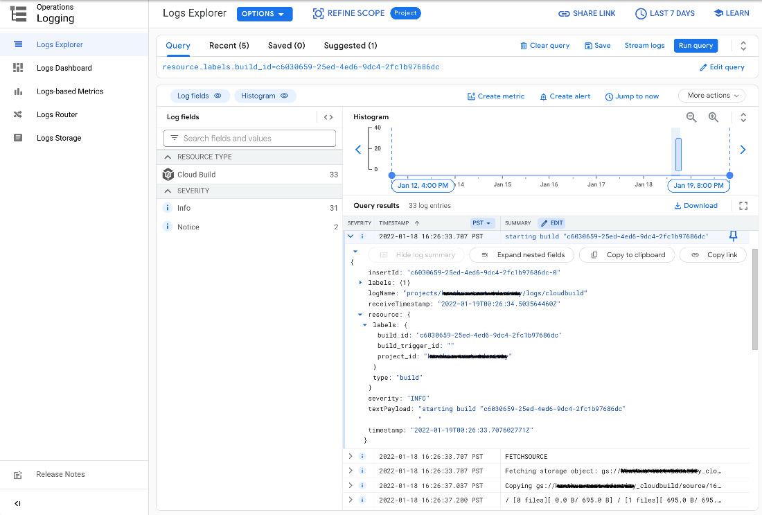 Figure 3.9 – Sample overall build log output via the GCP console UI: Cloud Logging view
