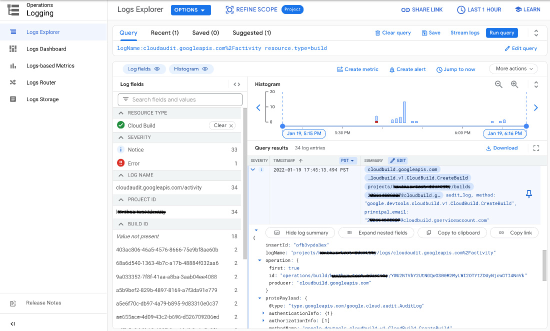 Figure 3.10 – Sample output audit logs through the GCP console
