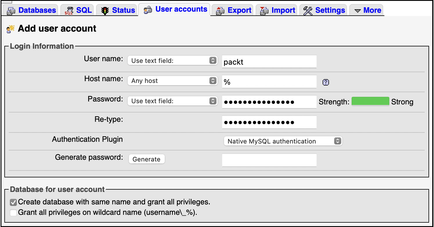 Figure 1.6 – Creating a Moodle database and user in phpMyAdmin
